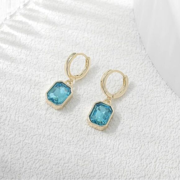 18K Yellow Gold with Aquamarine Blue Crystal Dangling Octagon Huggie Earrings - Picture 2 of 5